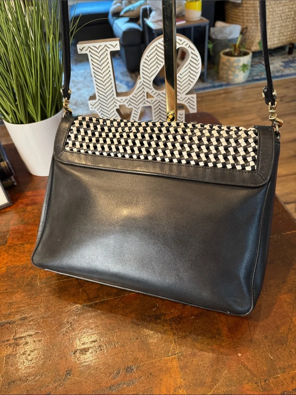 Tory Burch Black & White Woven Crossbody with Gold Chain